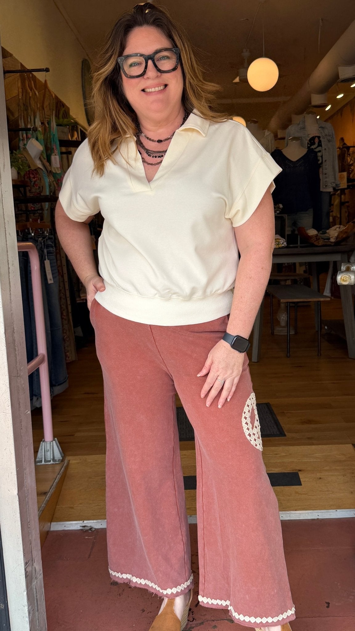 Classic Collared V - Neck Pullover in Cream - Rebecca James Clothing