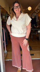 Classic Collared V - Neck Pullover in Cream - Rebecca James Clothing