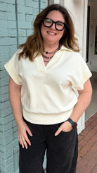 Classic Collared V - Neck Pullover in Cream - Rebecca James Clothing