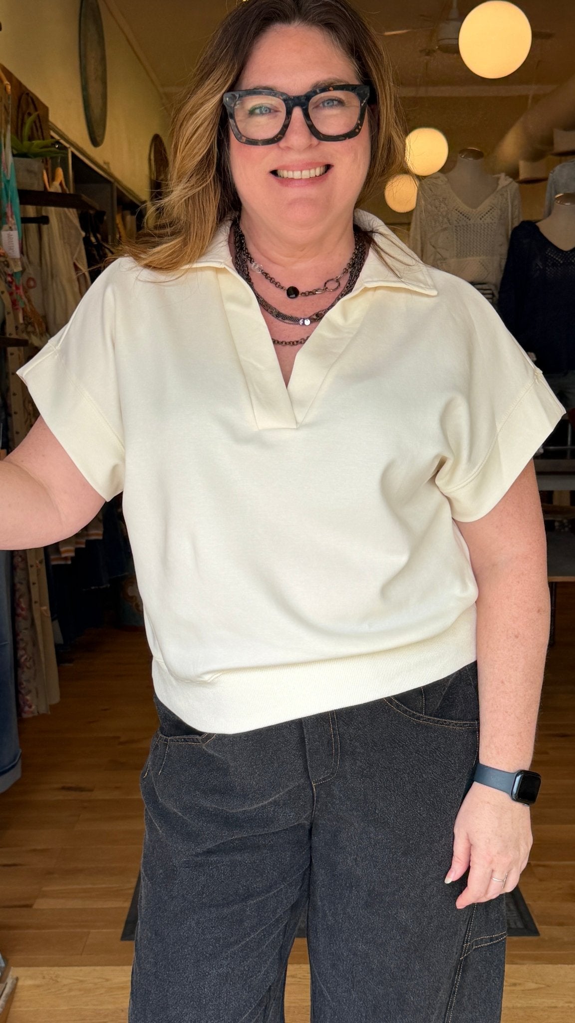 Classic Collared V - Neck Pullover in Cream - Rebecca James Clothing