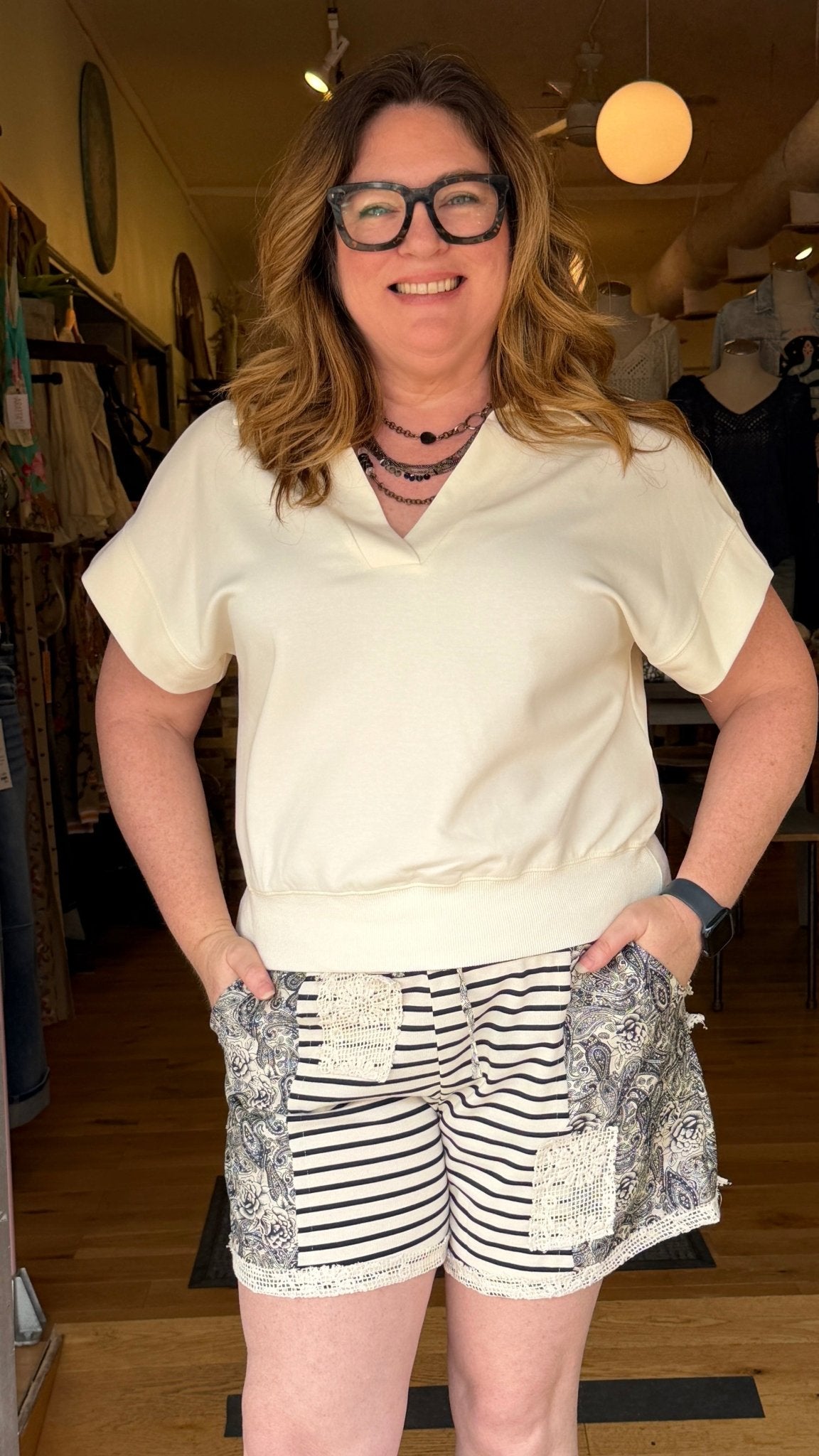 Classic Collared V - Neck Pullover in Cream - Rebecca James Clothing