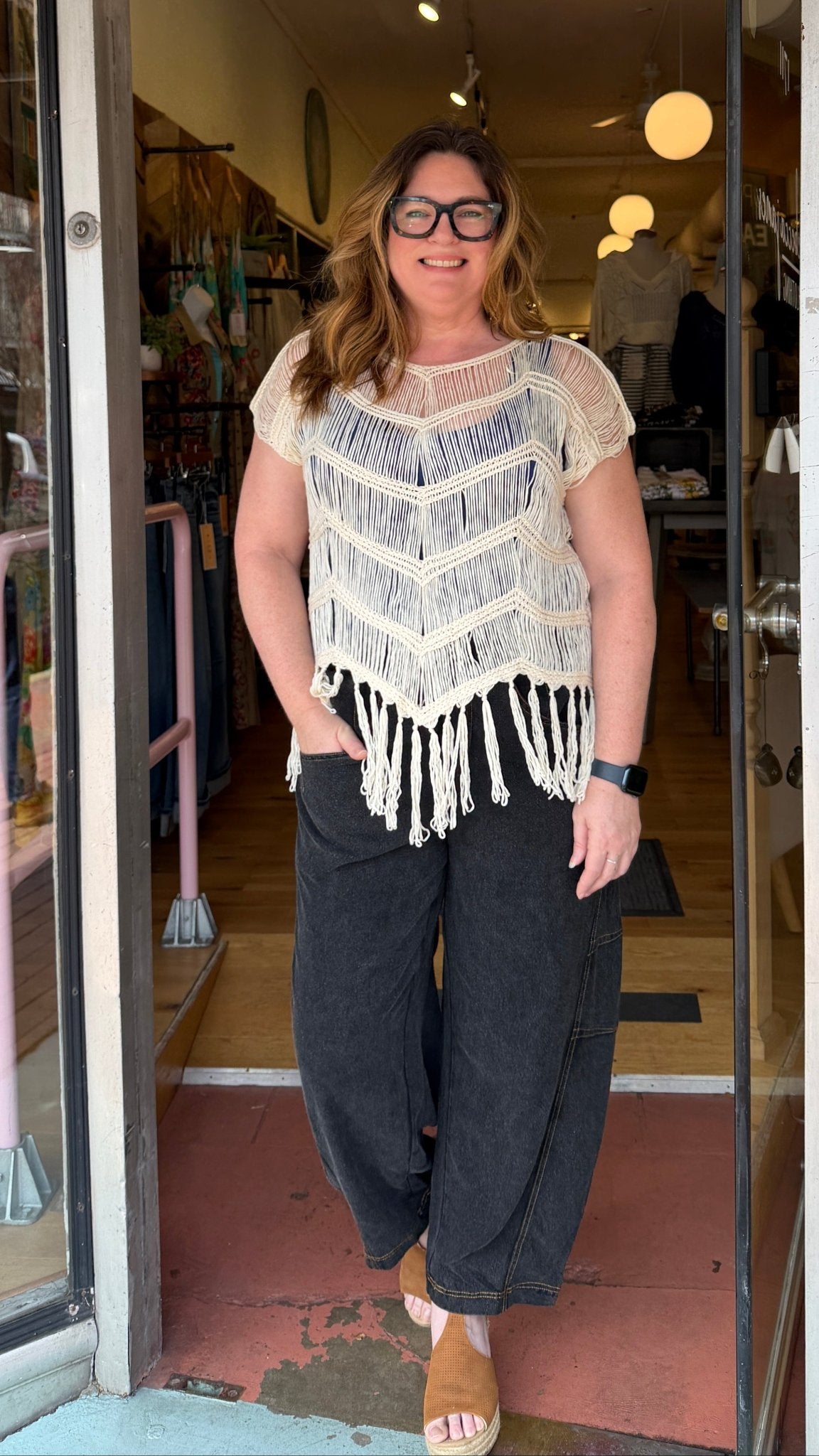Coastal Open Weave Boho Fringe Sweater in Cream - Rebecca James Clothing