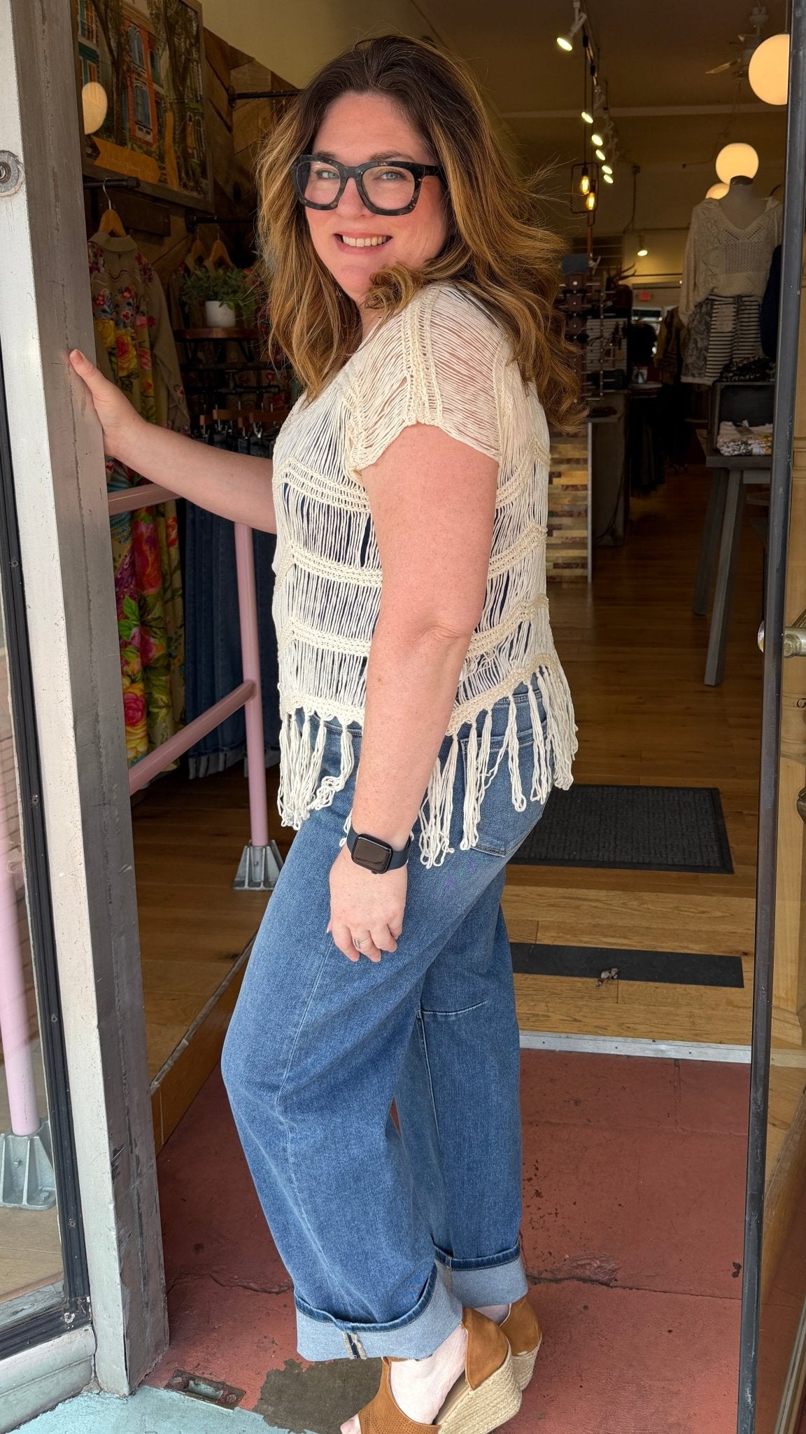 Coastal Open Weave Boho Fringe Sweater in Cream - Rebecca James Clothing