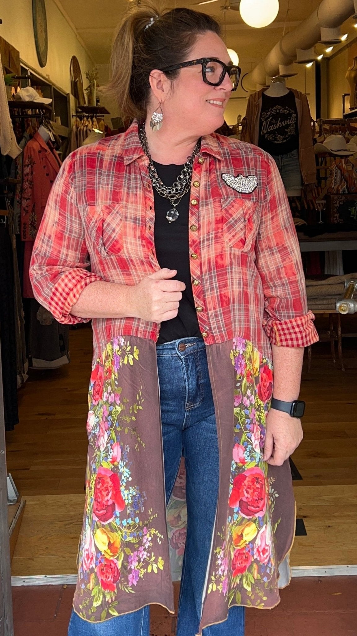 Copper Rose Washed Plaid & Floral Tunic - Rebecca James Clothing