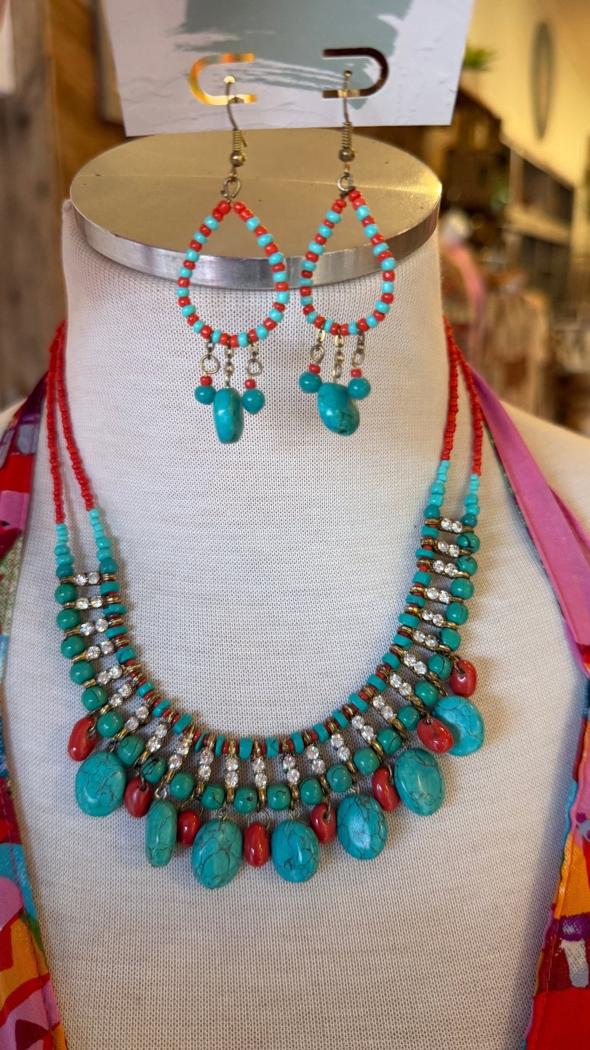 Coral and Turquoise Beaded Dangle Earrings - Rebecca James Clothing
