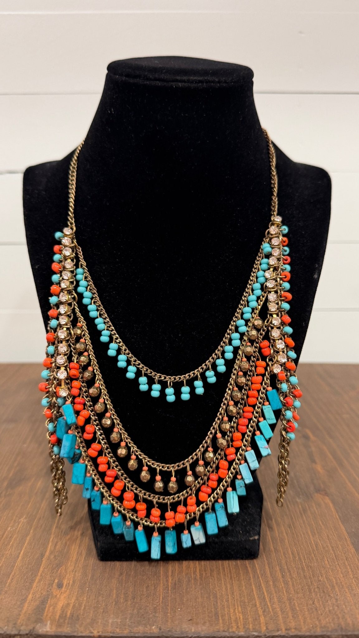 Coral and Turquoise Crystal Drip Bib Necklace - Rebecca James Clothing