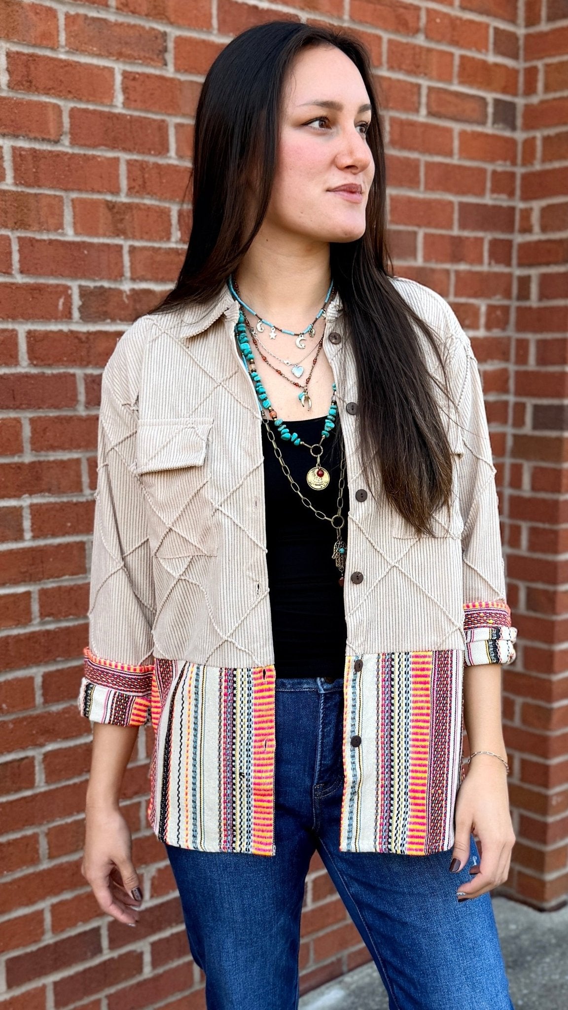 Corduroy Shirt Jacket With Fall Stripe Contrast Fabric - Rebecca James Clothing