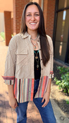 Corduroy Shirt Jacket With Fall Stripe Contrast Fabric - Rebecca James Clothing