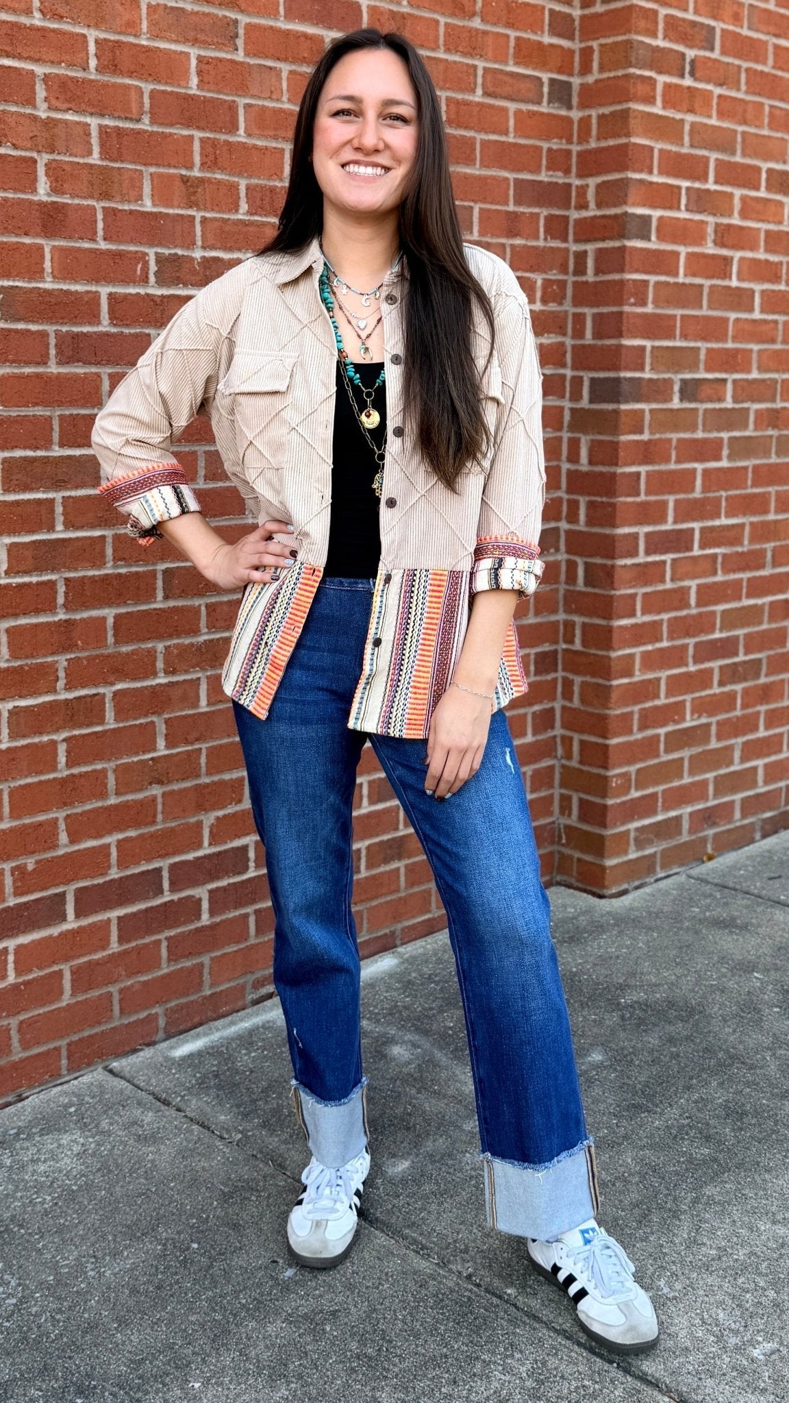 Corduroy Shirt Jacket With Fall Stripe Contrast Fabric - Rebecca James Clothing