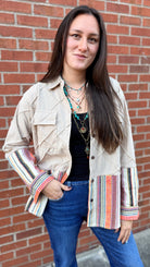 Corduroy Shirt Jacket With Fall Stripe Contrast Fabric - Rebecca James Clothing