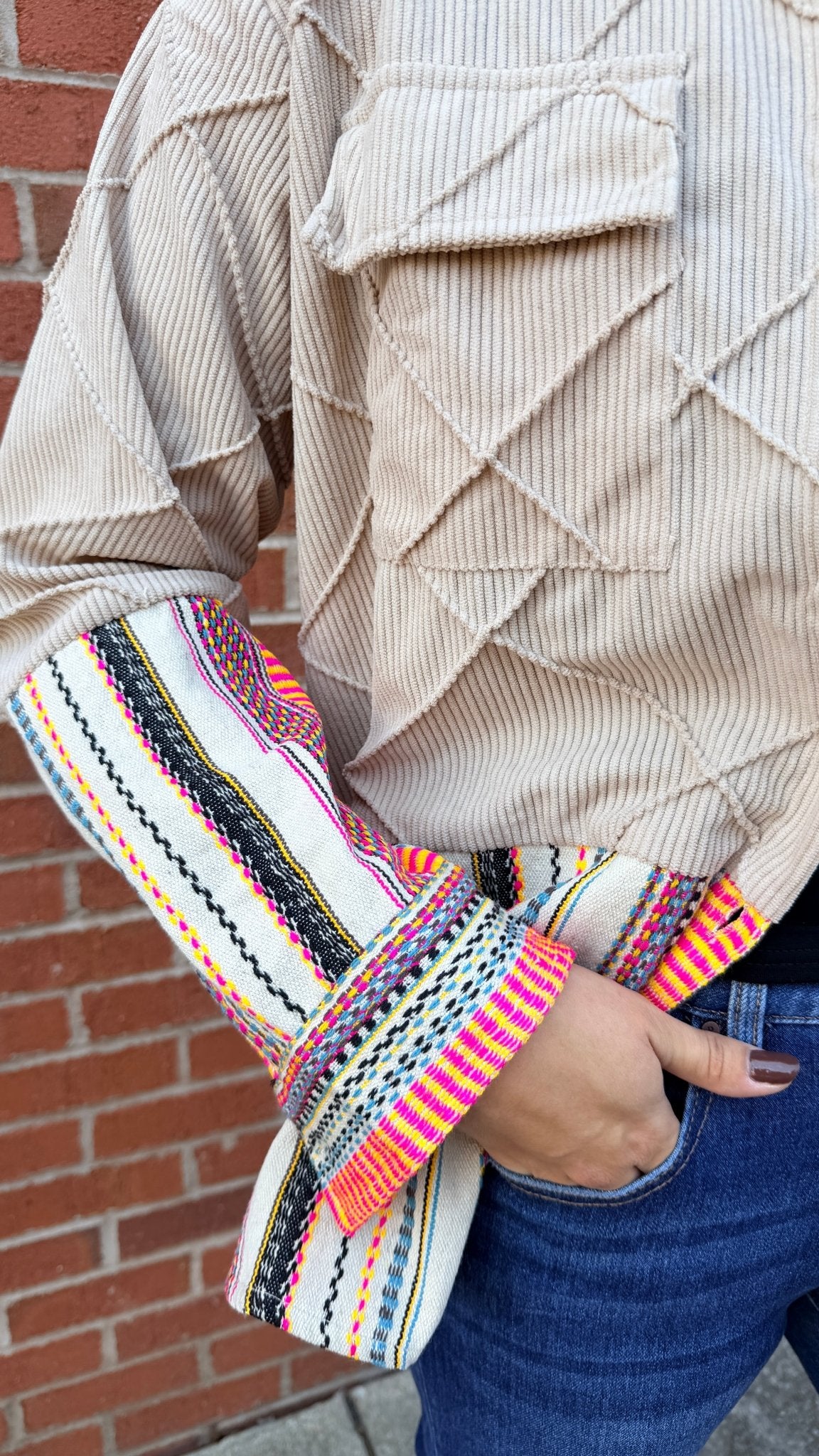 Corduroy Shirt Jacket With Fall Stripe Contrast Fabric - Rebecca James Clothing