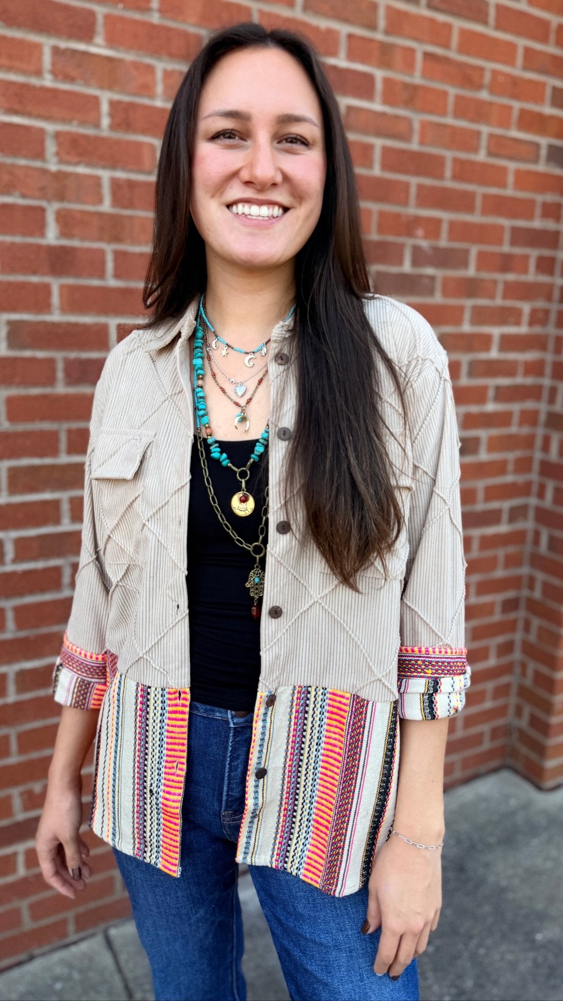 Corduroy Shirt Jacket With Fall Stripe Contrast Fabric - Rebecca James Clothing