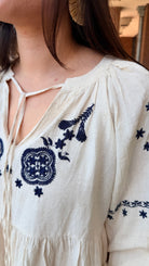 Cream Boho Peasant Top with Navy Embroidery - Rebecca James Clothing