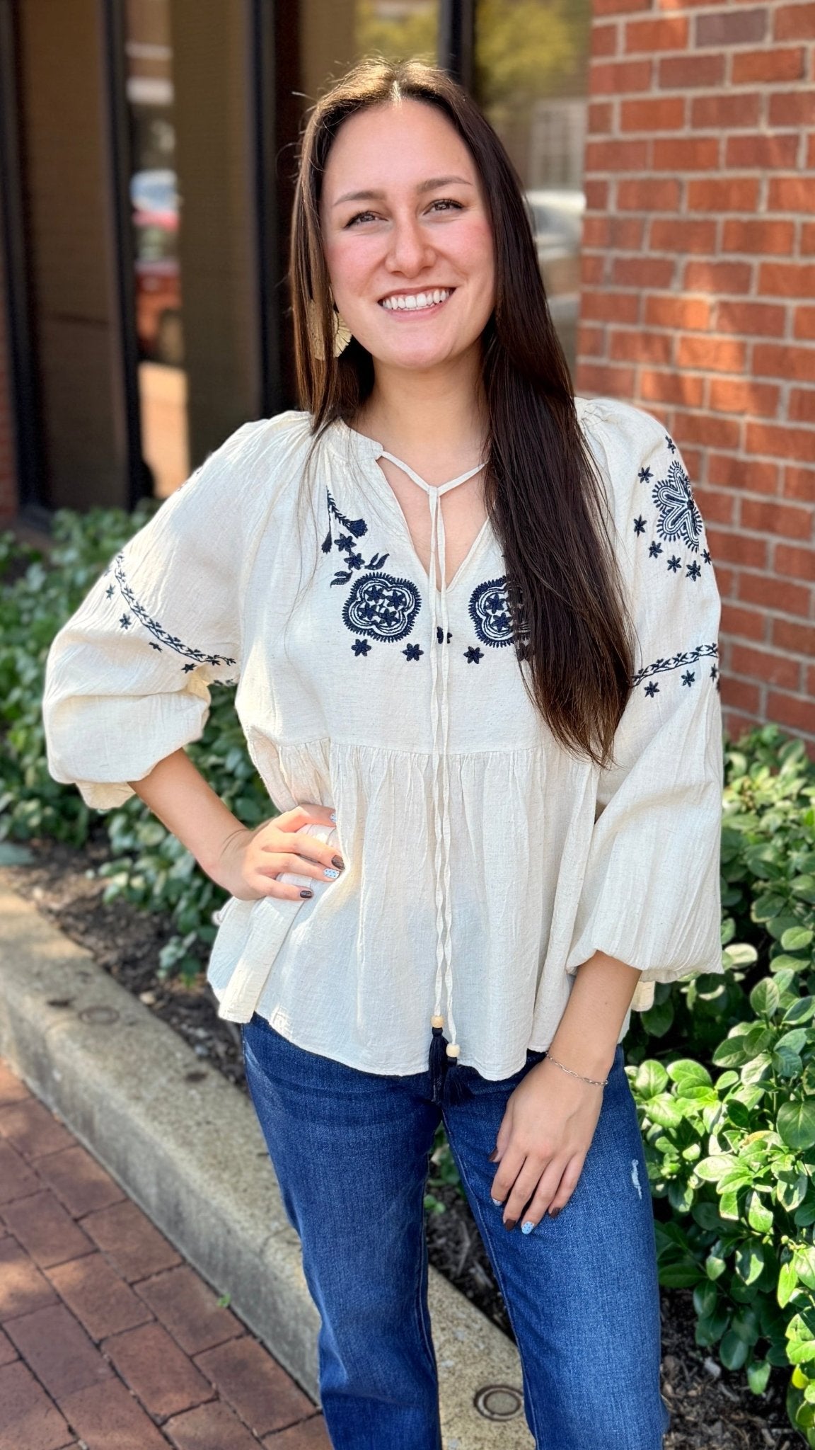 Cream Boho Peasant Top with Navy Embroidery - Rebecca James Clothing