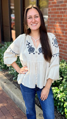 Cream Boho Peasant Top with Navy Embroidery - Rebecca James Clothing