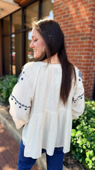 Cream Boho Peasant Top with Navy Embroidery - Rebecca James Clothing