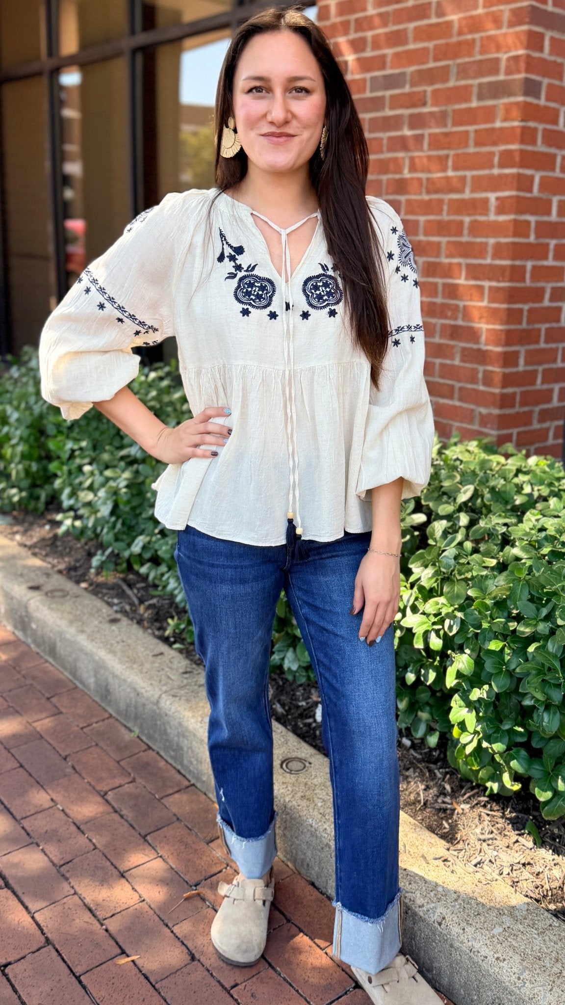 Cream Boho Peasant Top with Navy Embroidery - Rebecca James Clothing