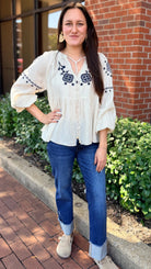 Cream Boho Peasant Top with Navy Embroidery - Rebecca James Clothing