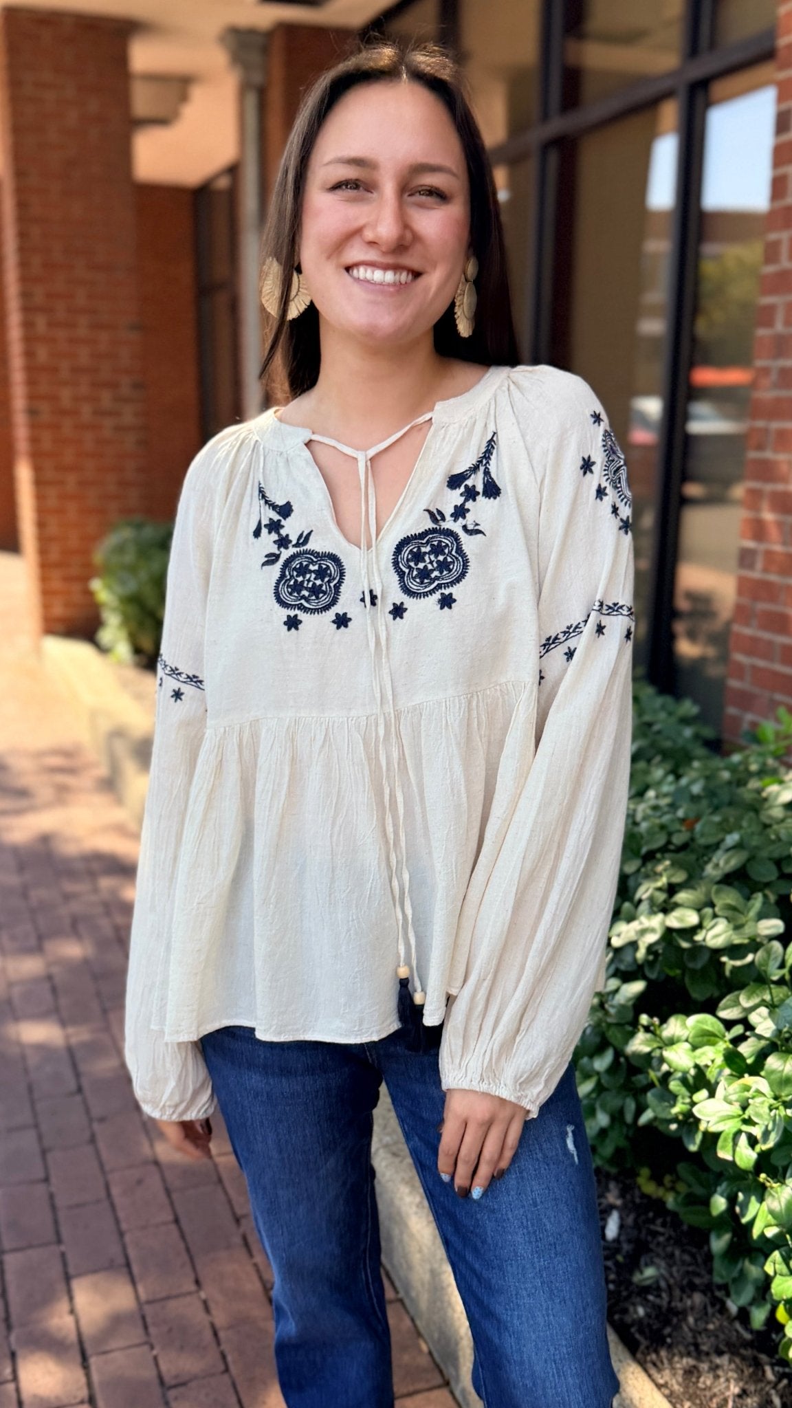 Cream Boho Peasant Top with Navy Embroidery - Rebecca James Clothing