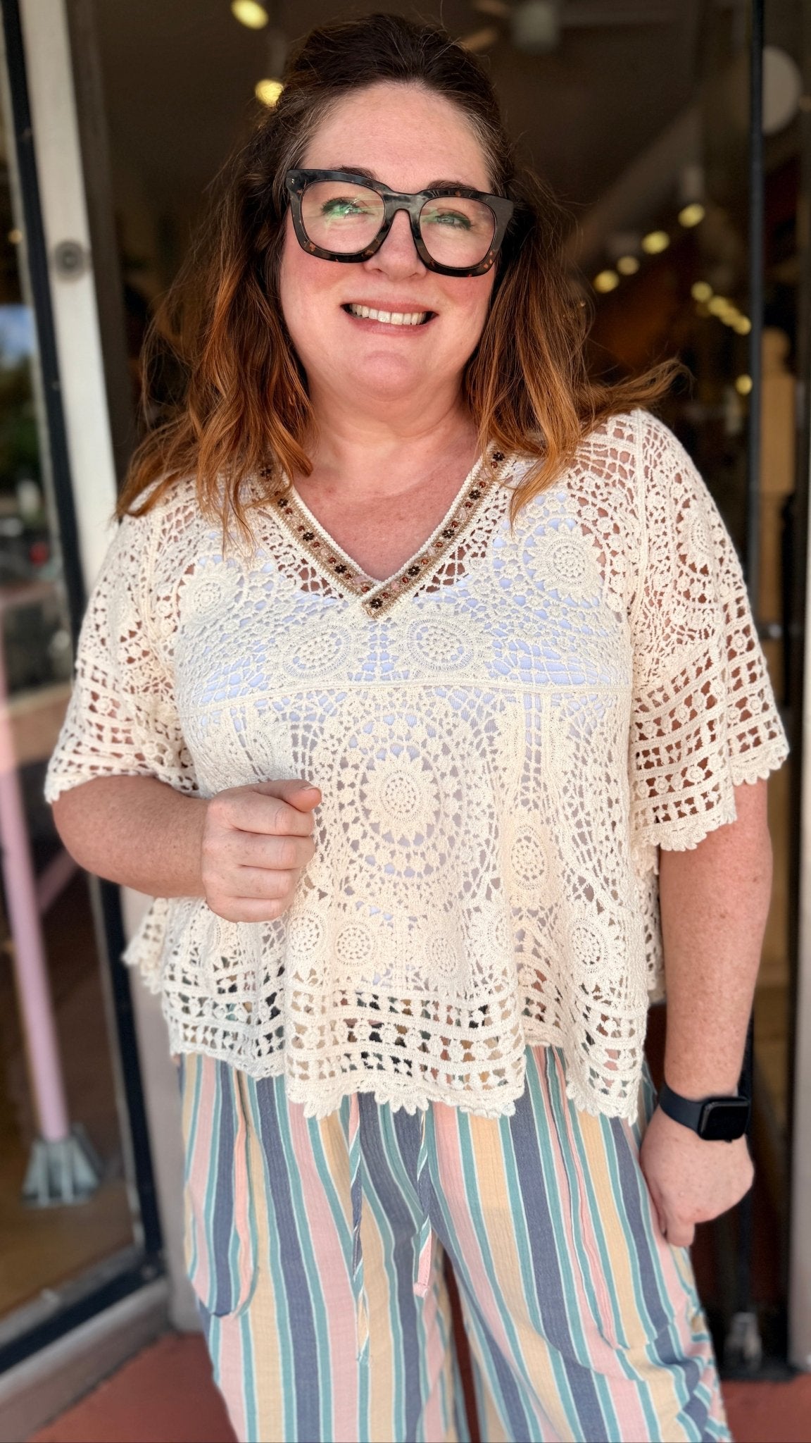 Cream Crochet Top with Beaded Neckline - Rebecca James Clothing