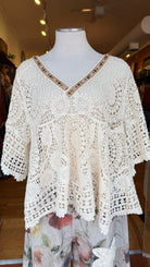 Cream Crochet Top with Beaded Neckline - Rebecca James Clothing