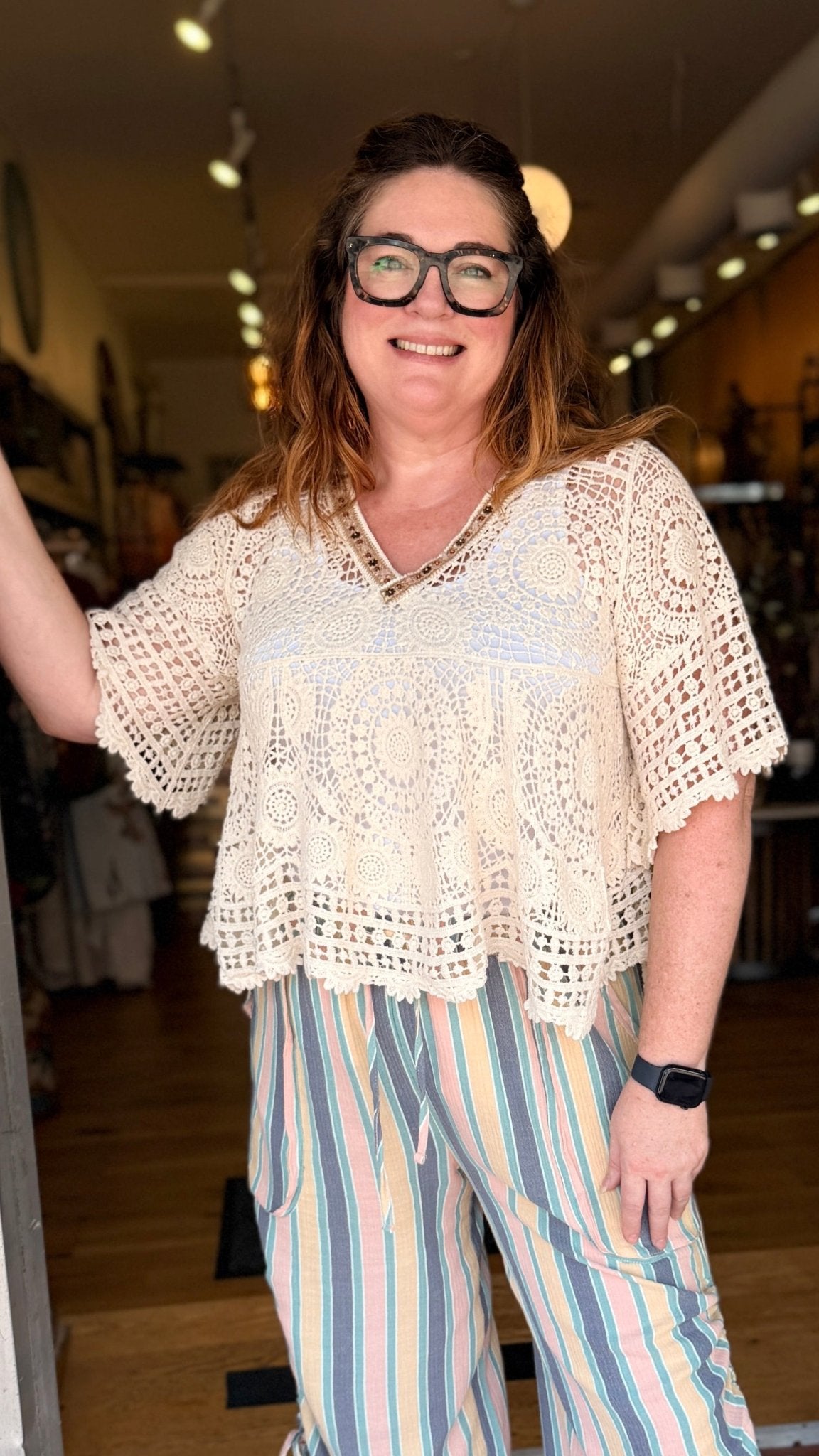 Cream Crochet Top with Beaded Neckline - Rebecca James Clothing