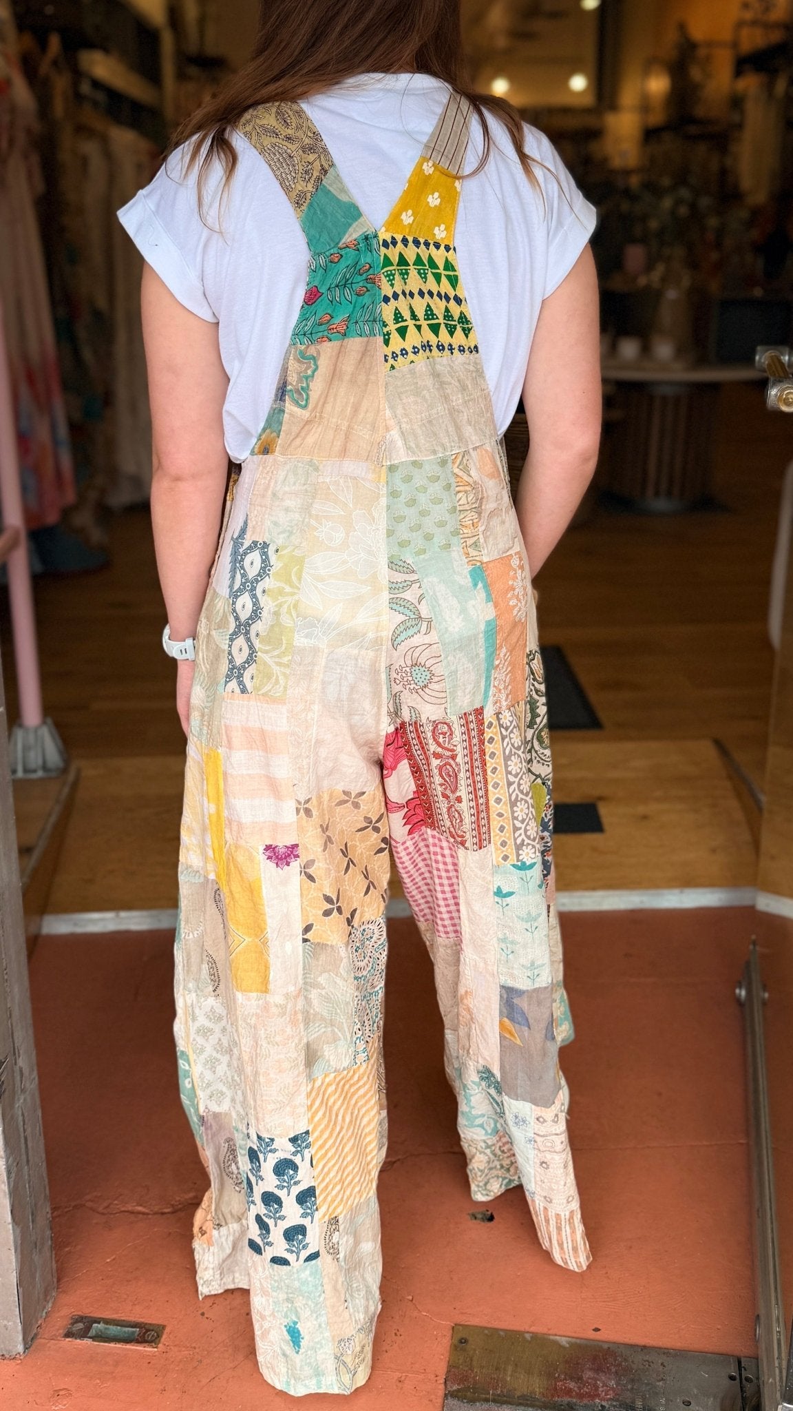 Cream Mixed Fabric Boho Patchwork Overalls - Rebecca James Clothing