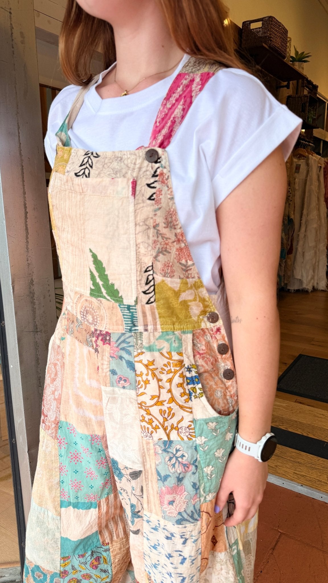 Cream Mixed Fabric Boho Patchwork Overalls - Rebecca James Clothing