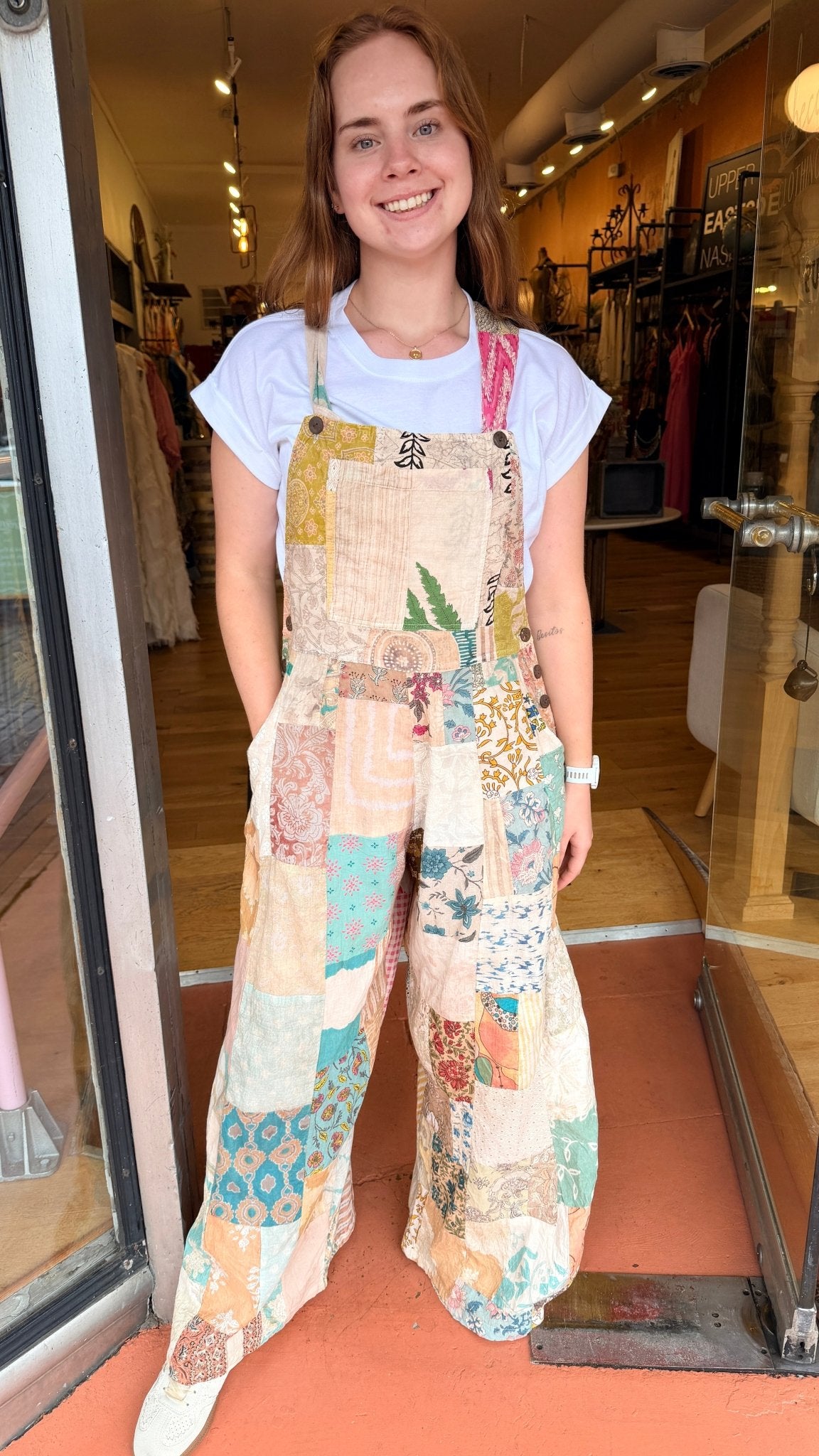 Cream Mixed Fabric Boho Patchwork Overalls - Rebecca James Clothing