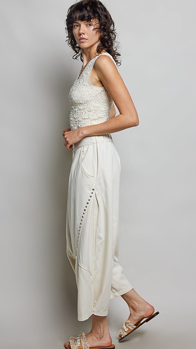 Cream Studded Wide - Leg Relaxed Cropped Pants - Rebecca James Clothing