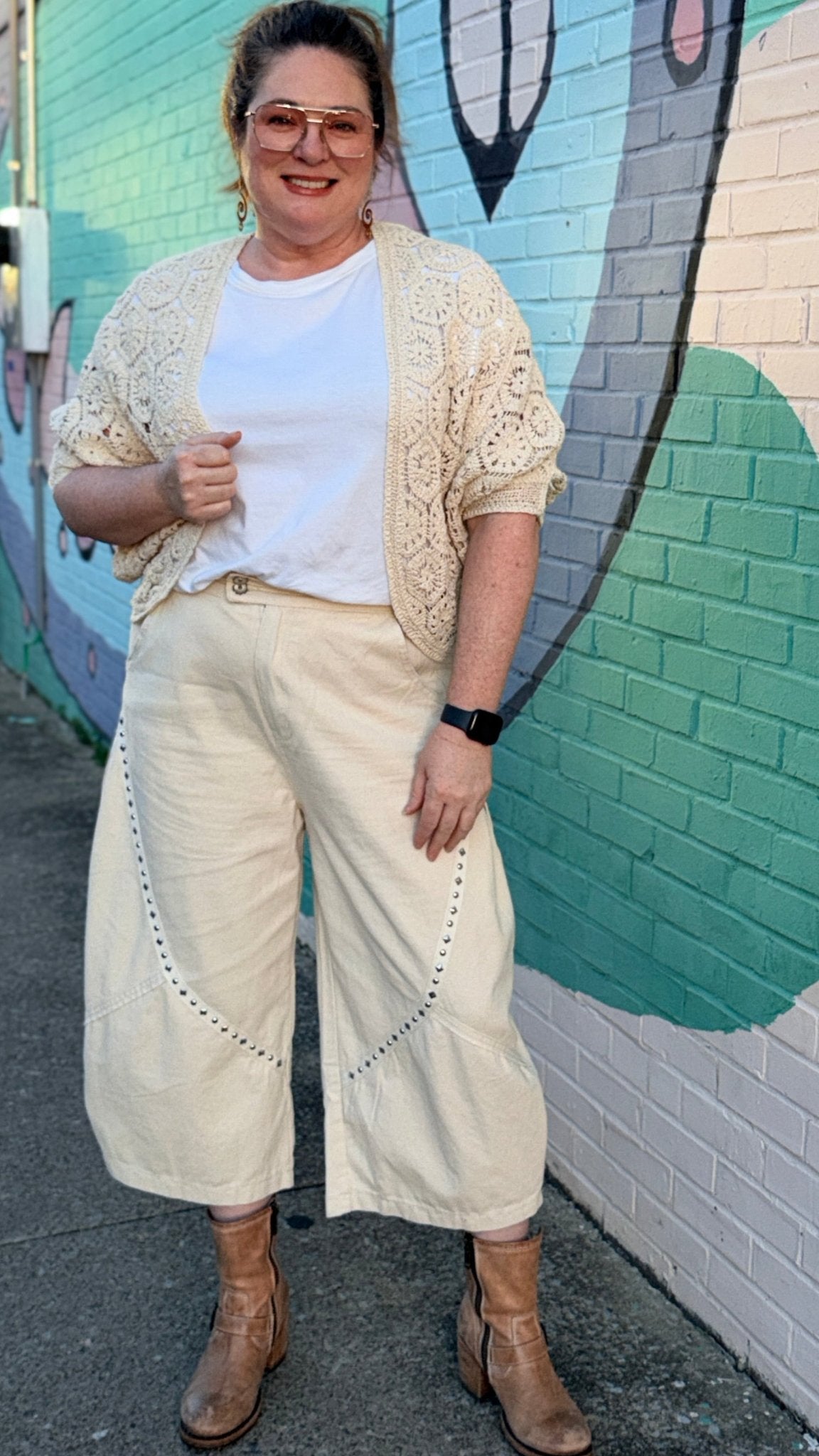 Cream Studded Wide - Leg Relaxed Cropped Pants - Rebecca James Clothing