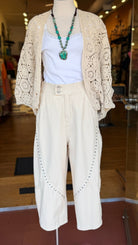 Cream Studded Wide - Leg Relaxed Cropped Pants - Rebecca James Clothing