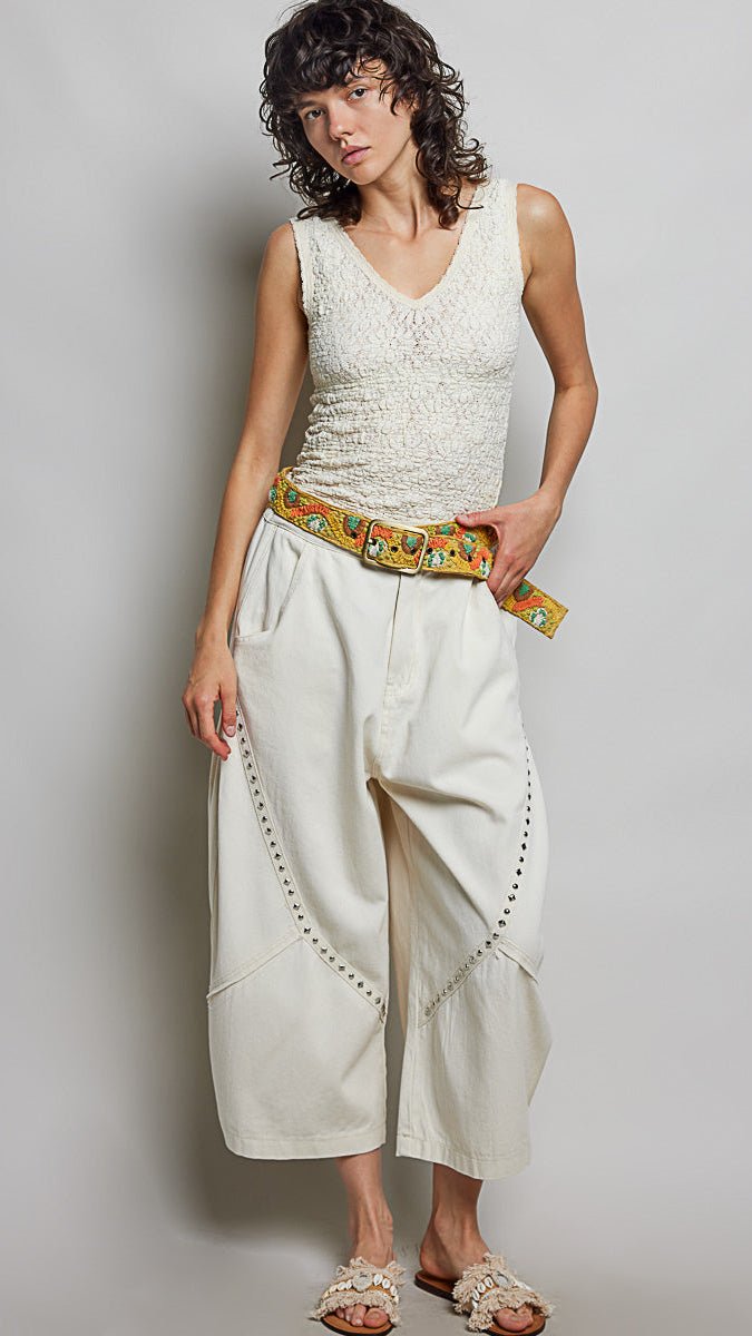 Cream Studded Wide - Leg Relaxed Cropped Pants - Rebecca James Clothing