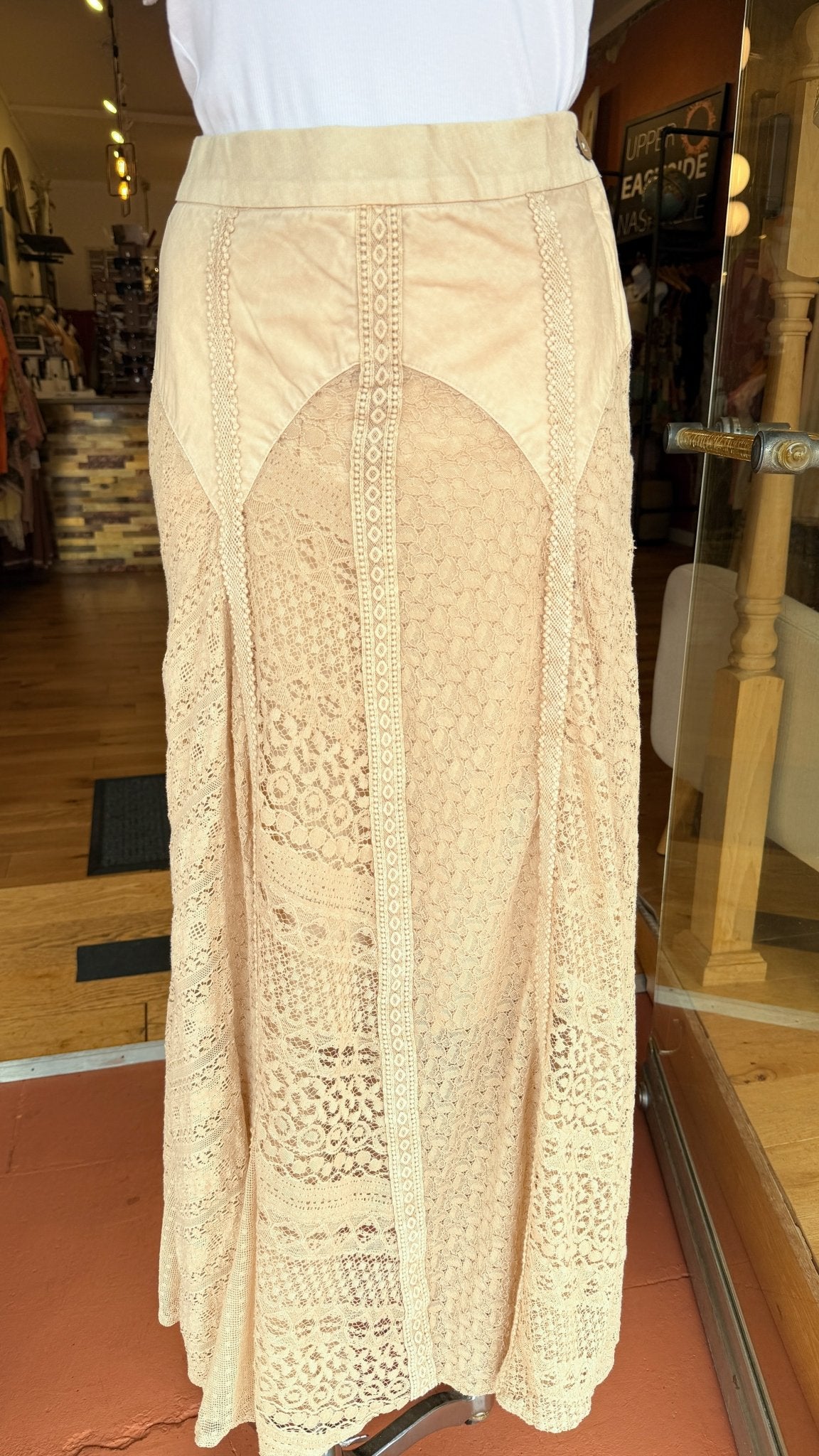 Cream Vintage Wash Boho Lace Maxi Skirt - Rebecca James Clothing