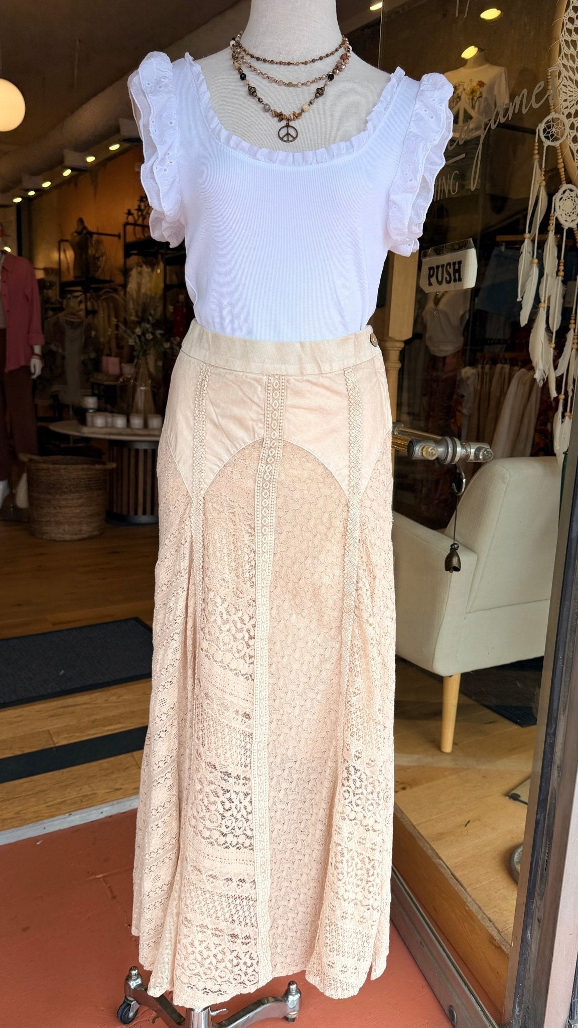 Cream Vintage Wash Boho Lace Maxi Skirt - Rebecca James Clothing