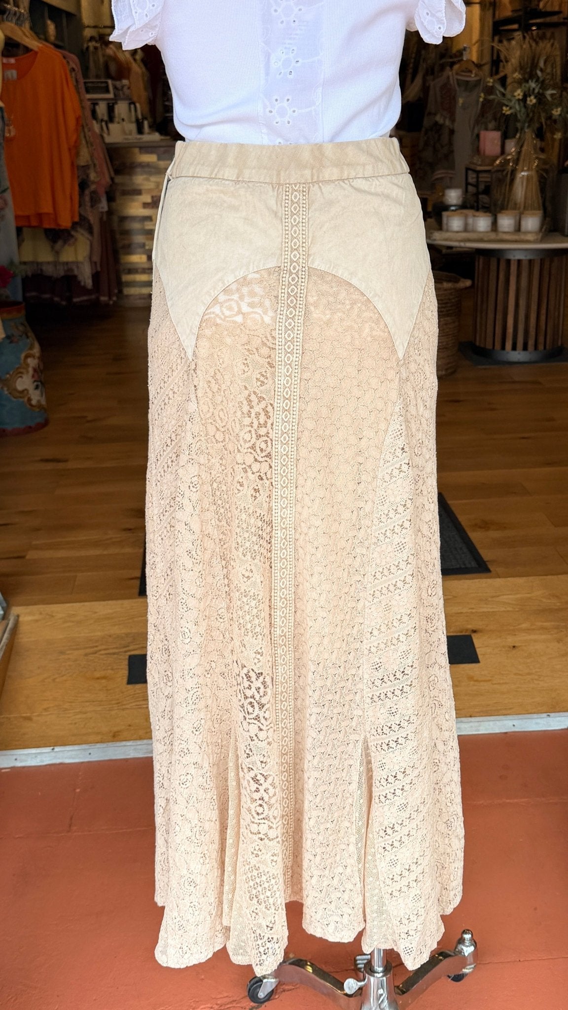 Cream Vintage Wash Boho Lace Maxi Skirt - Rebecca James Clothing