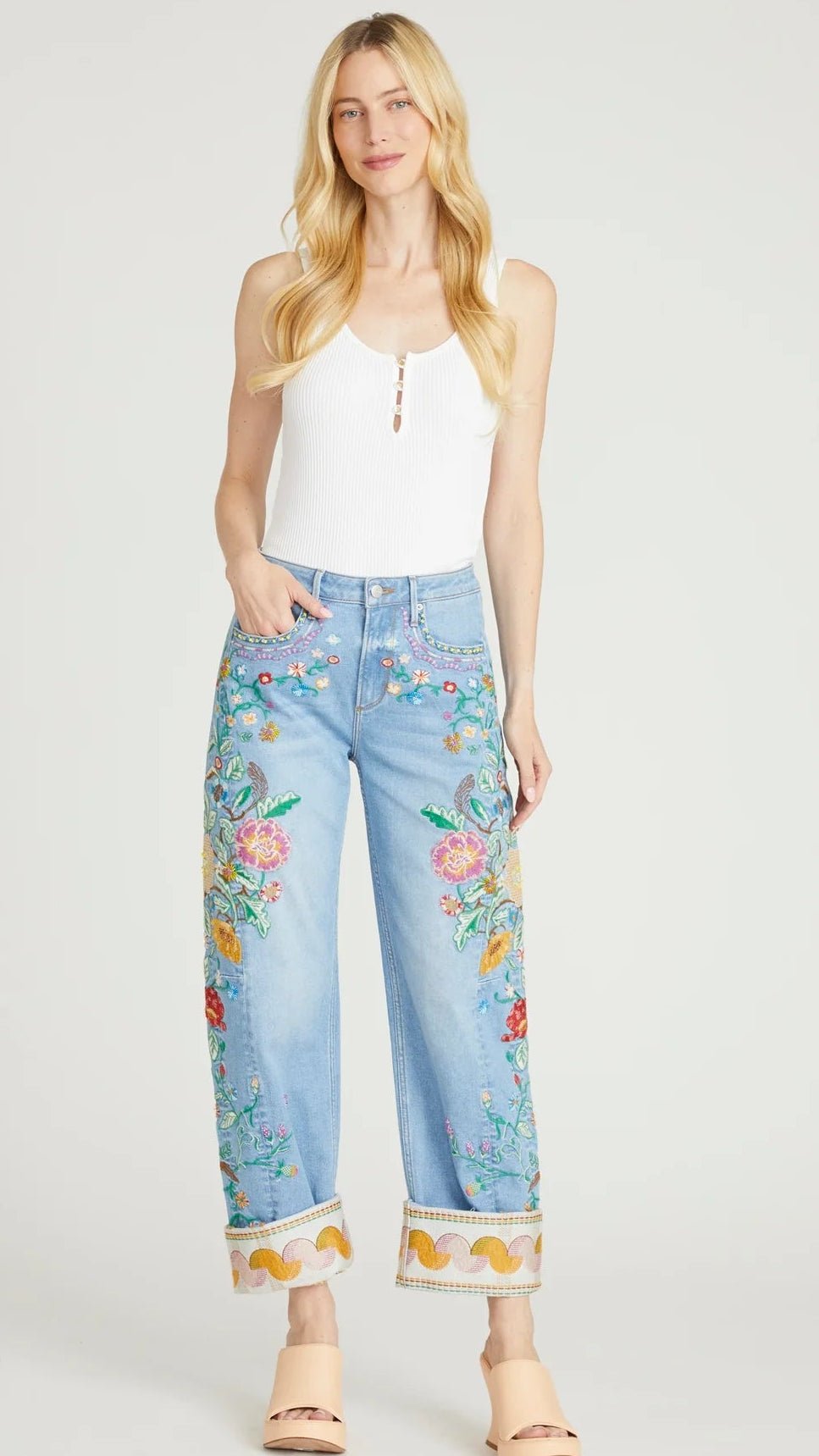 Cuff Barrel - Gardenia Foulard Driftwood Jeans - Rebecca James Clothing