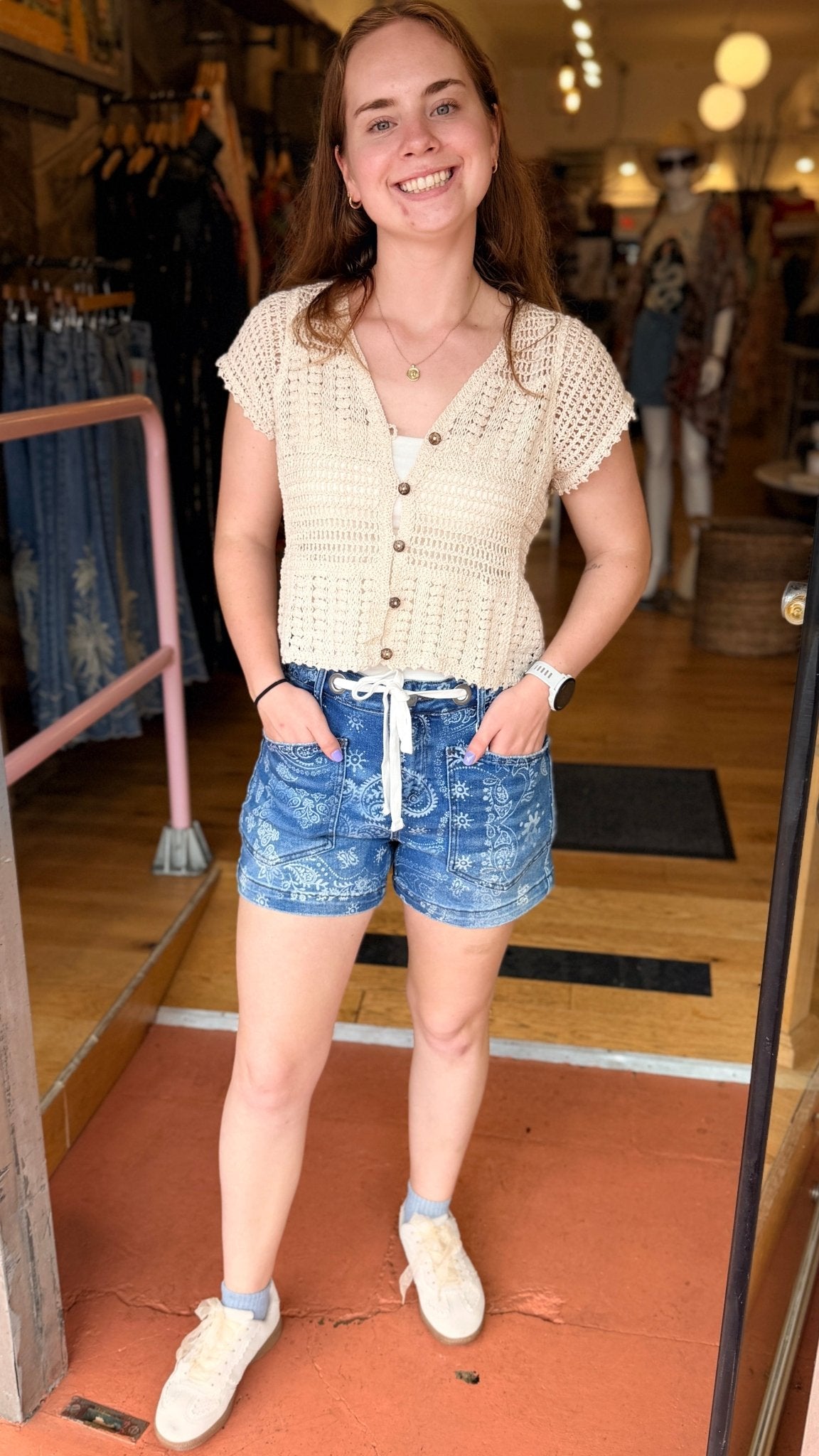 Dark Denim Bandana Print Shorts - Rebecca James Clothing