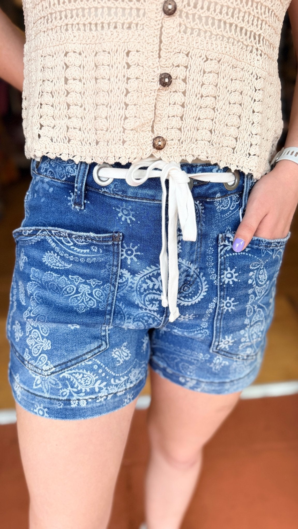 Dark Denim Bandana Print Shorts - Rebecca James Clothing