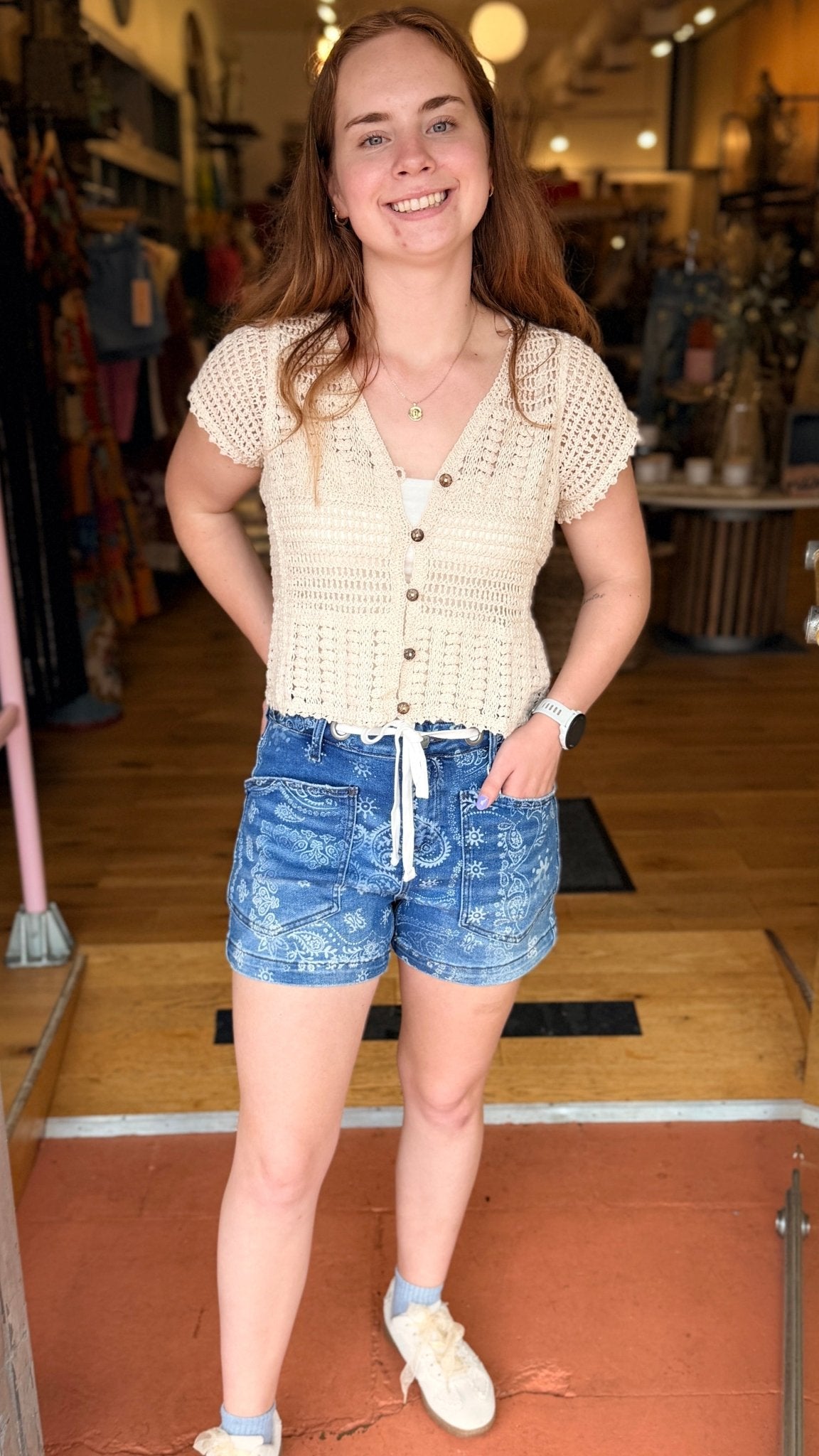 Dark Denim Bandana Print Shorts - Rebecca James Clothing
