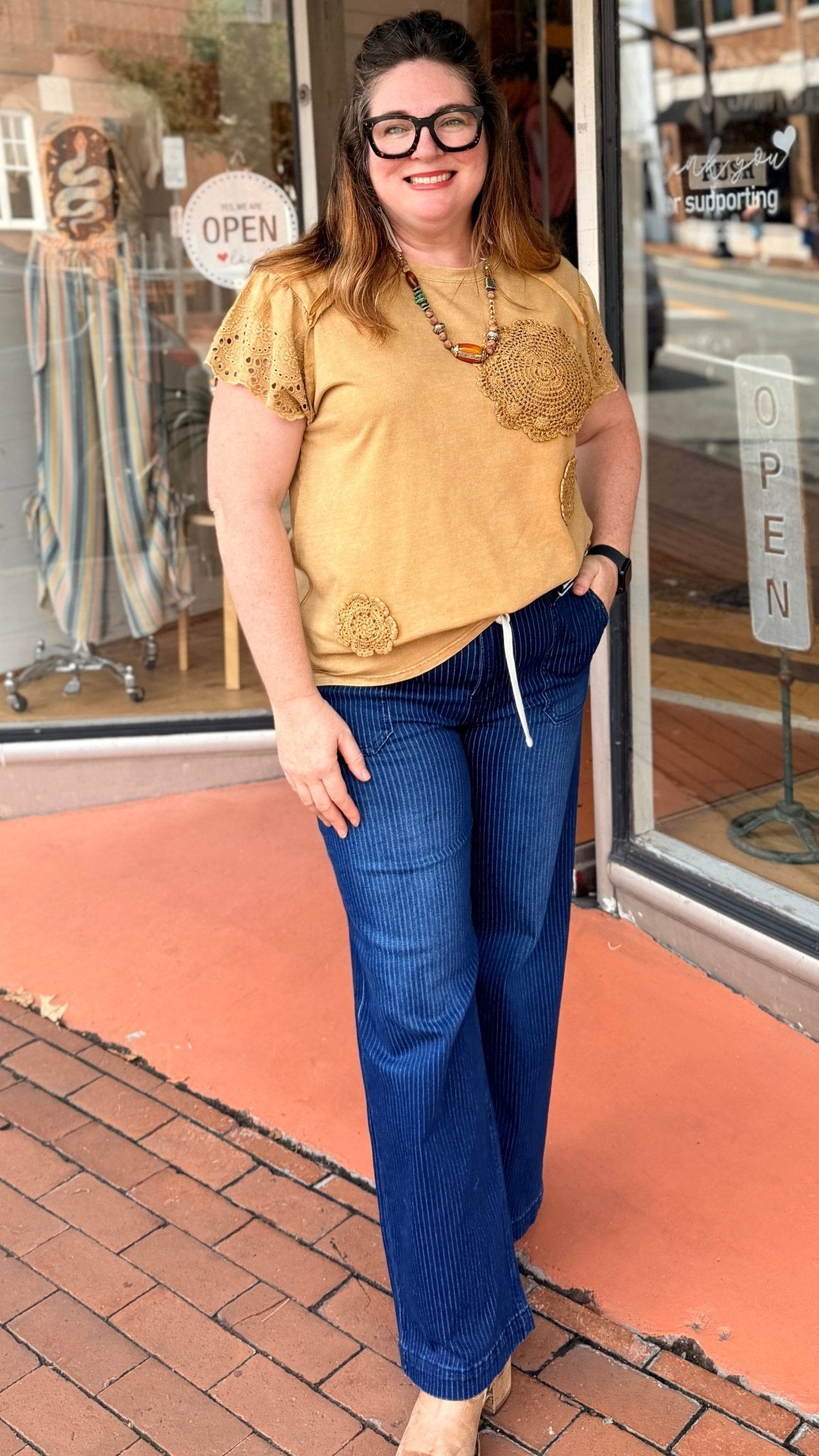 Dark Wash Stripe Wide Leg Jeans - Rebecca James Clothing