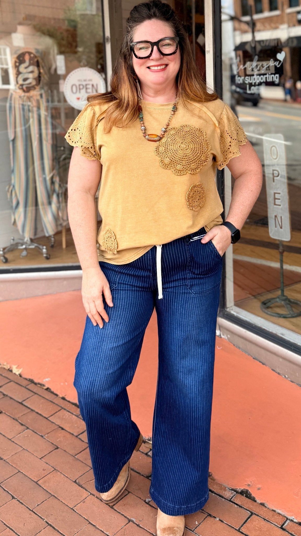 Dark Wash Stripe Wide Leg Jeans - Rebecca James Clothing