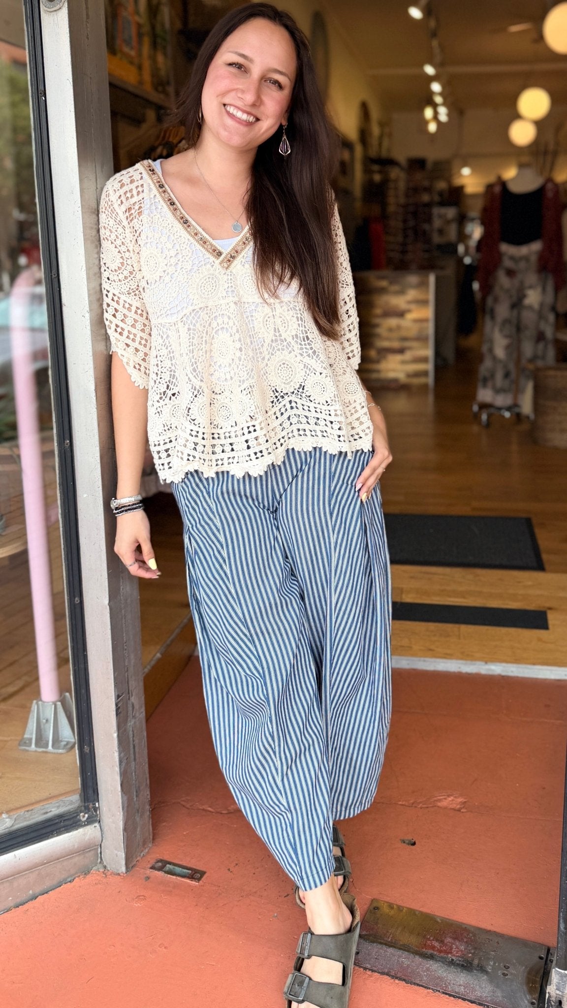 Dark Wash Striped Denim Drawstring Pants - Rebecca James Clothing