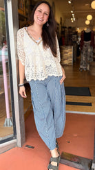 Dark Wash Striped Denim Drawstring Pants - Rebecca James Clothing