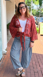 Dark Wash Striped Denim Drawstring Pants - Rebecca James Clothing