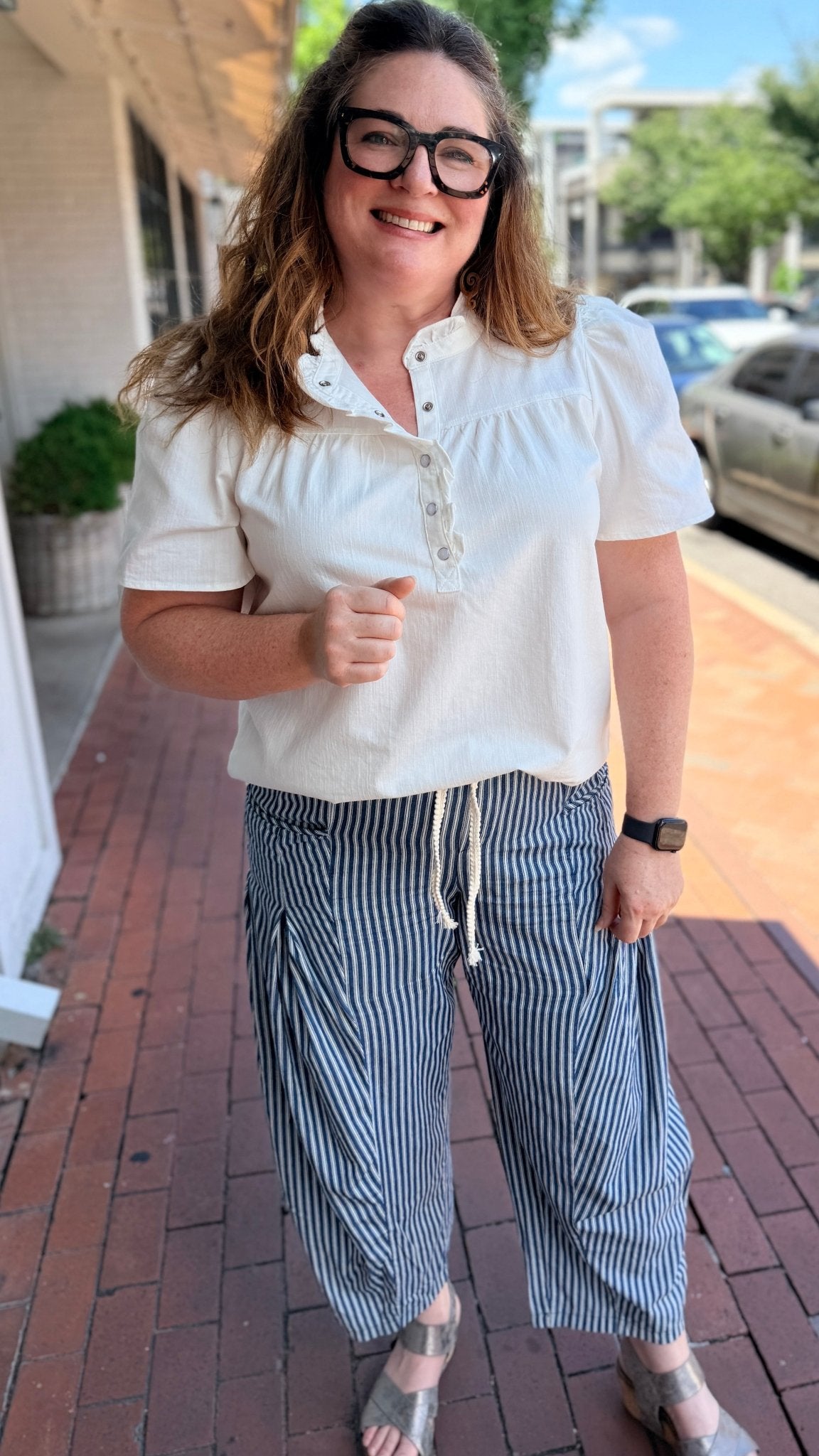 Dark Wash Striped Denim Drawstring Pants - Rebecca James Clothing