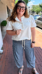 Dark Wash Striped Denim Drawstring Pants - Rebecca James Clothing