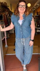 Dark Wash Striped Denim Drawstring Pants - Rebecca James Clothing