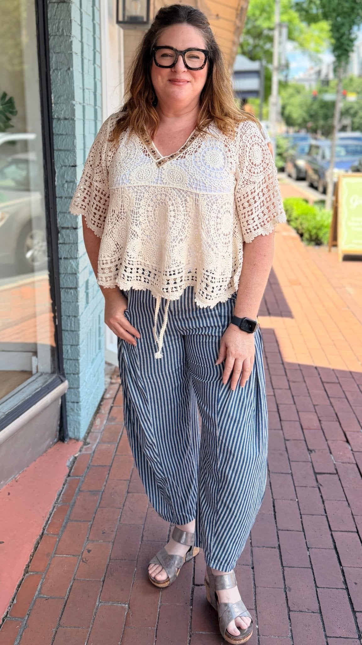 Dark Wash Striped Denim Drawstring Pants - Rebecca James Clothing