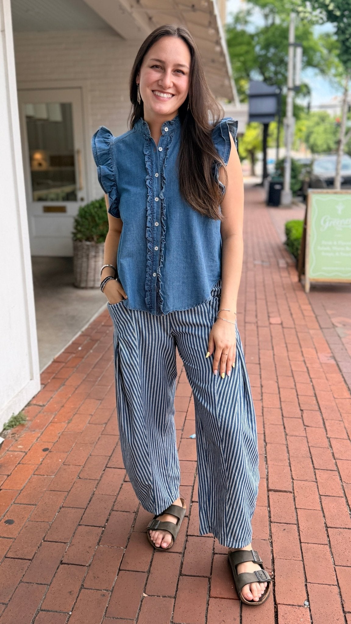 Dark Wash Striped Denim Drawstring Pants - Rebecca James Clothing